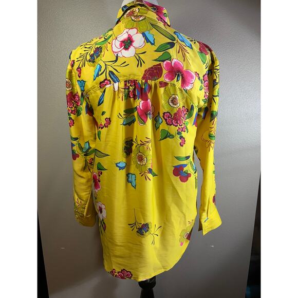 Anthropologie Yellow Tropical Satin Like 100% Polyester Top Button Up Size XS - Picture 2 of 7